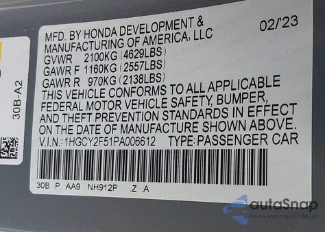 2023 Honda Accord Hybrid Sport from USA, damaged, VIN 1HGCY2F51PA006612